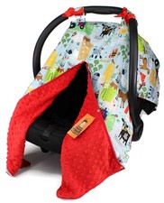 Dear Baby Car Seat Canopy, Blue Farm Life Animals and Tractor/Red Minky Dot