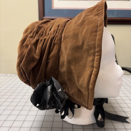 Repro 19th century Woman's Brown 'Velvet' Fabric Bonnet with Black Trim