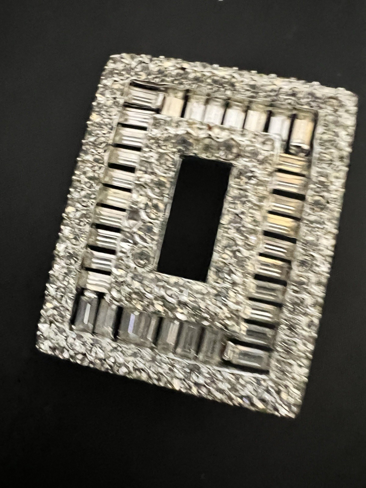 Vintage Rectangular Rhinestone Frame Brooch Silve… - image 1
