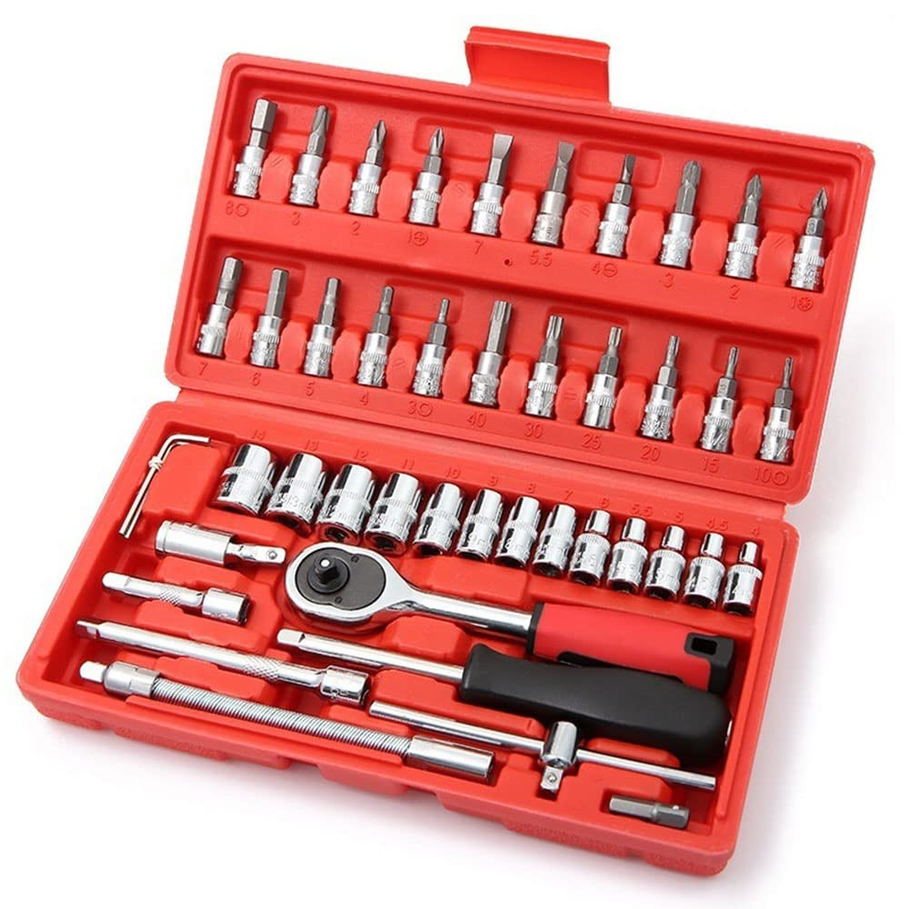 46 Pcs 1/4” Drive Socket Ratchet Wrench Set with Storage Case, Includes Metri...