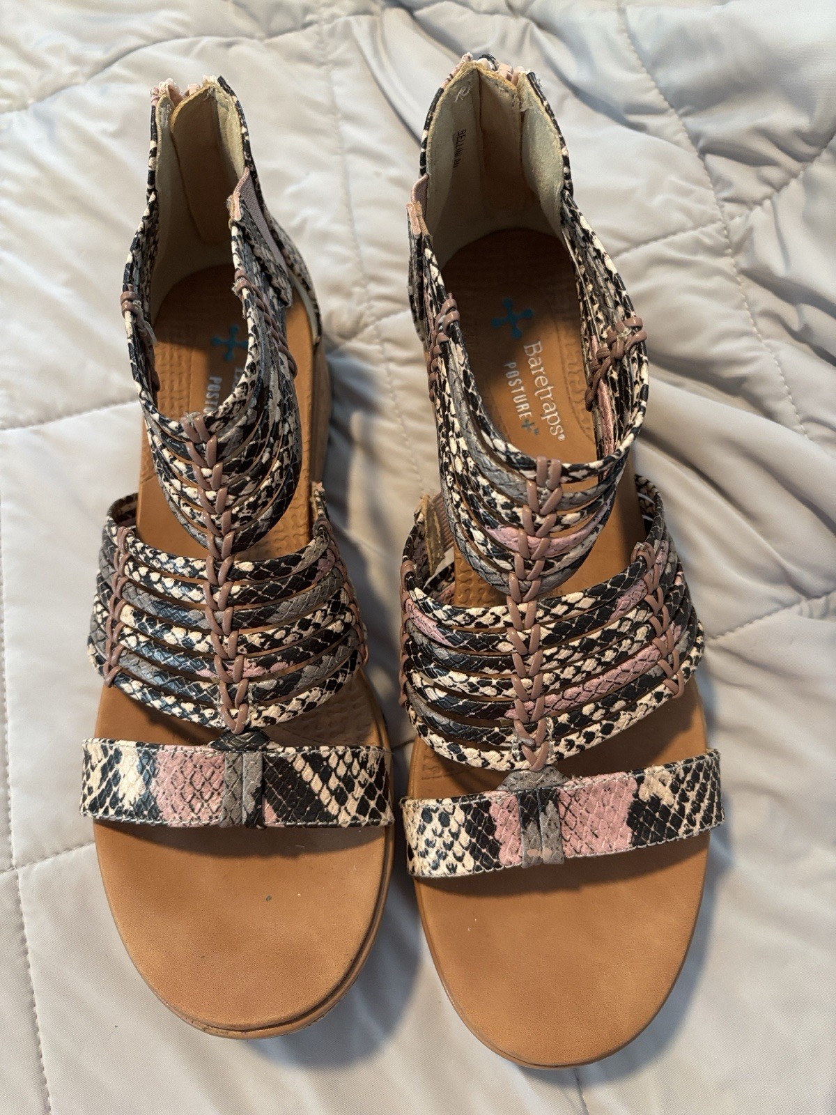Baretraps Women's Strappy Wedge Sandals Multicolor Leather Snake Print Zip 8