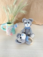 Handmade Crochet Teddy Bear  Wooden Ring Toy  Amigurumi Bear Set  Soft Plush
