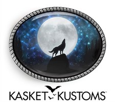 Wolf Belt Buckle - Full Moon Spirit Animal, Silver or Gold Handmade Oval Buckle