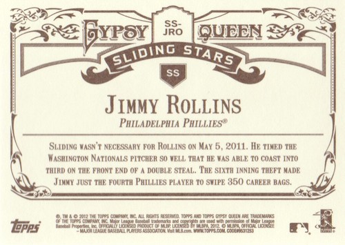 2012 Topps Gypsy Queen Baseball Sliding Stars #SS-JRO Jimmy Rollins - Bild 2 von 2