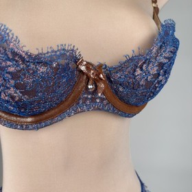 Agent Provocateur Soiree Samarra Blue Lace & Bronze Leather 3 Pc Set 34D/2 small