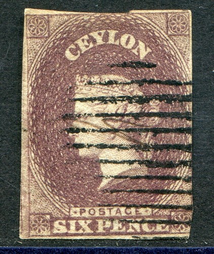 Ceylon 1857-59 imperf. 6d purple-brown SG 6 used: 2½ margins (cat. £160) 'E'