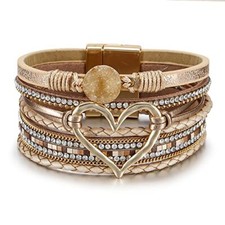 Fuqimanman2020 Punk Multilayer PU Leather Love Heart Shape Wide Wrap Bracelet D