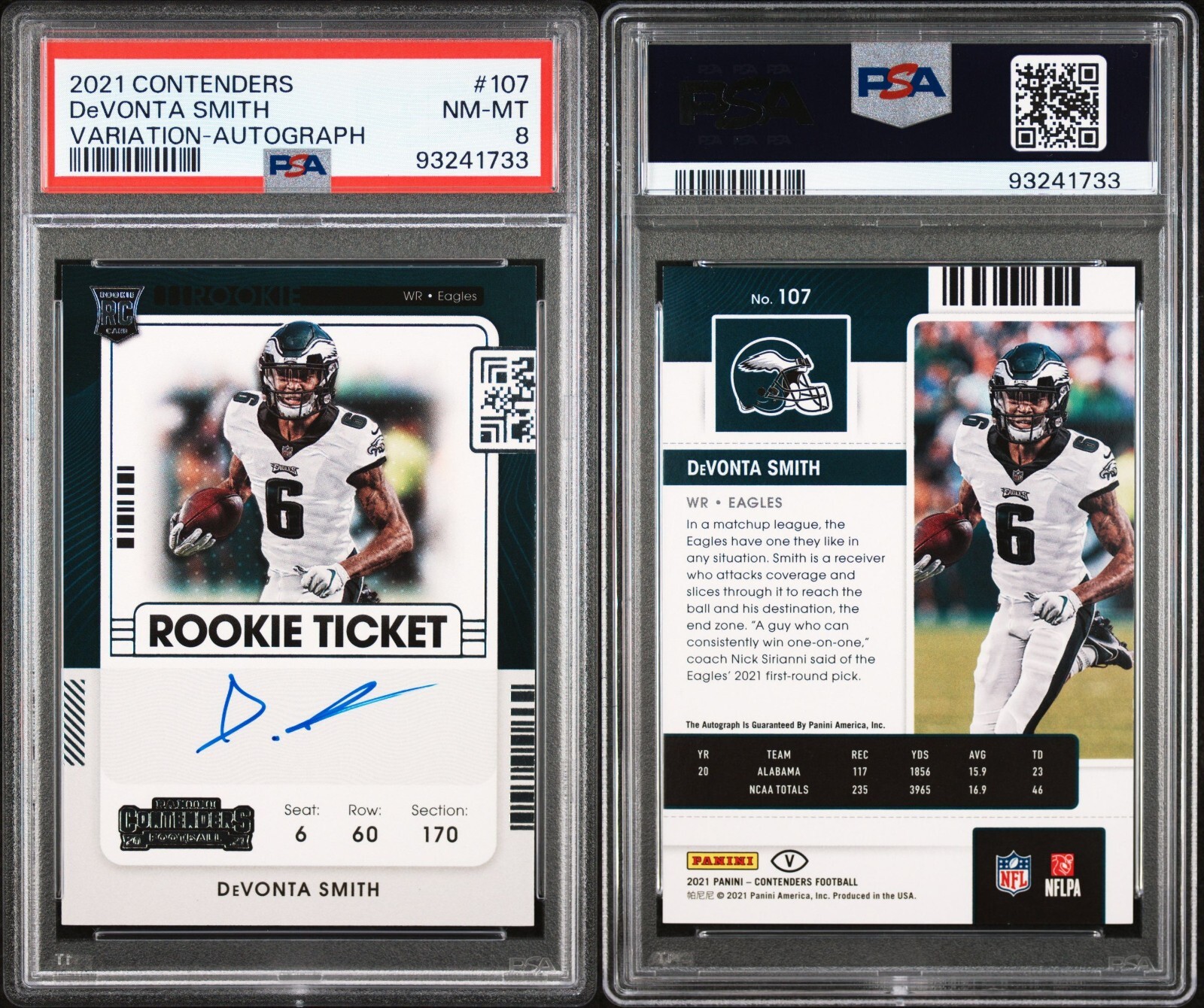 PSA 8 2021 Panini Contenders Autograph Variation #107B DeVonta Smith RC POP12