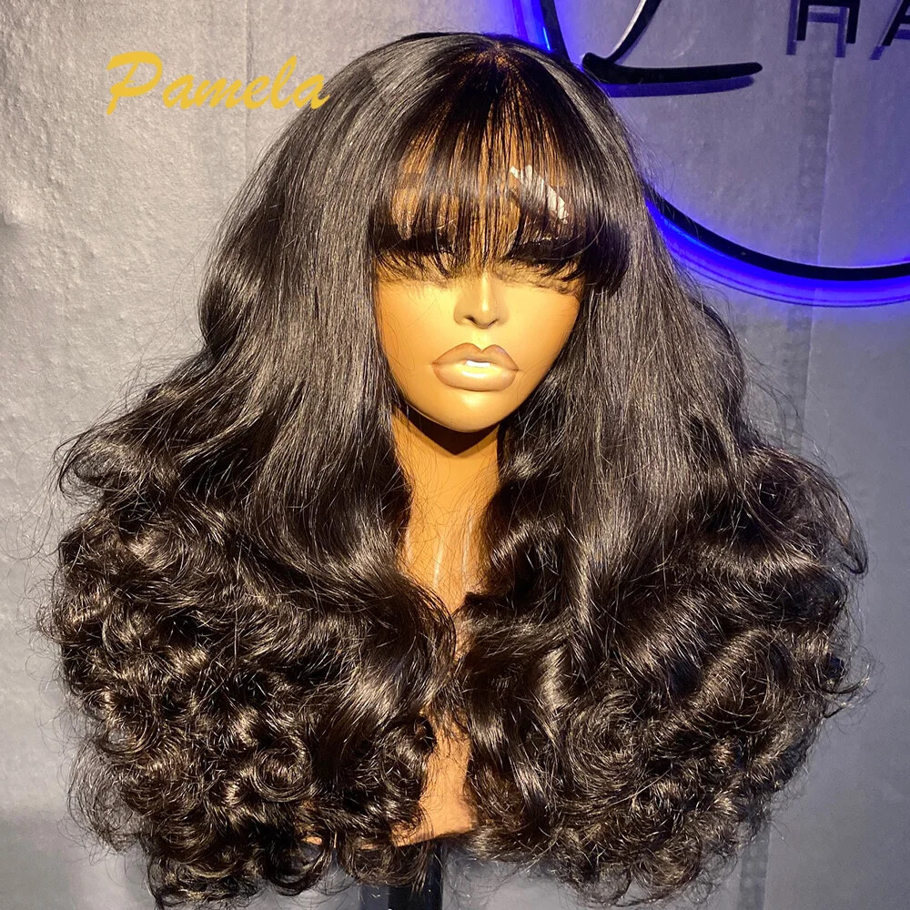 Glueless Deep Wave Lace Front Wig with Bangs HD Transparent Lace Human Hair