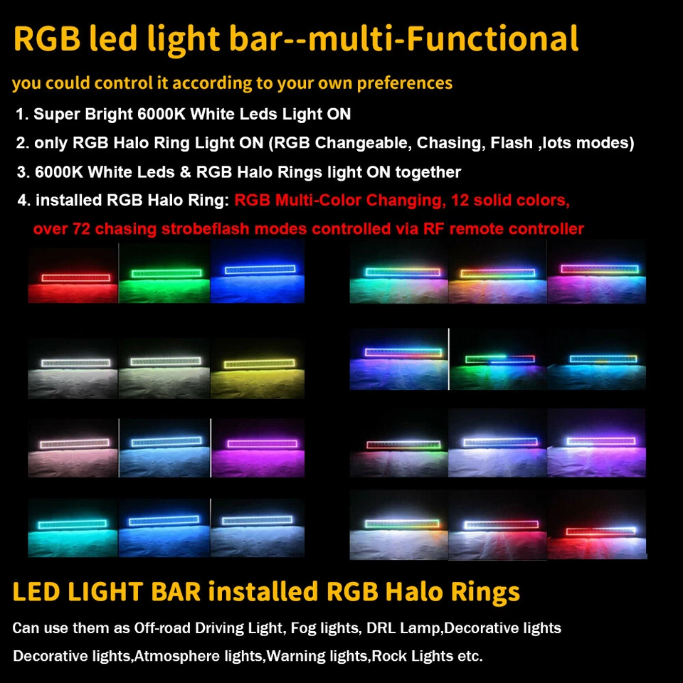 Combo de barra de luz LED todoterreno de 32 pulgadas 180 W con anillos halo RGB para conducir camión 4x4 ATV  Foto 3 de 4