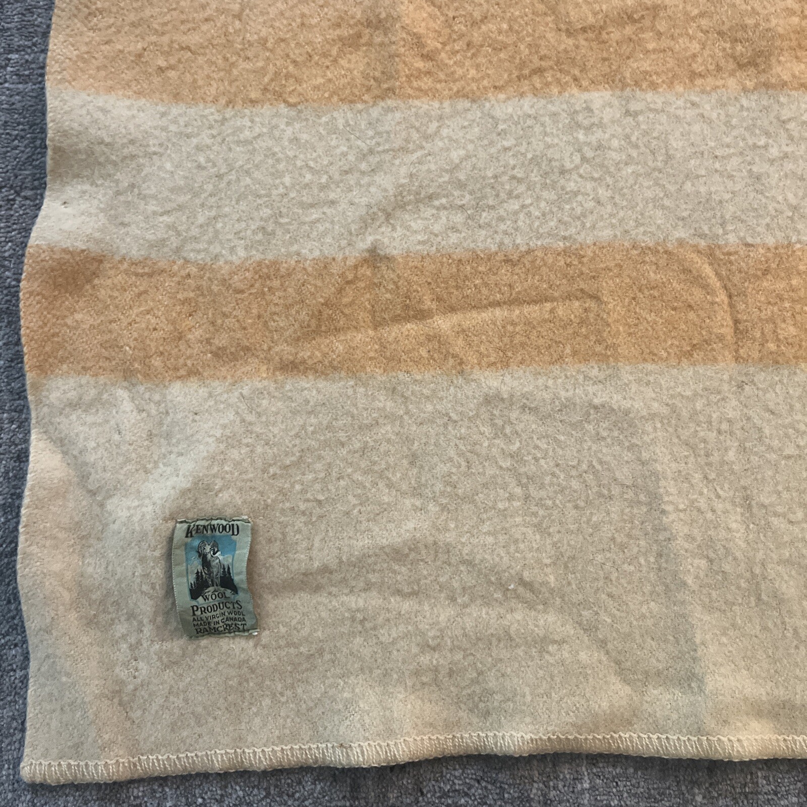 Vintage Kenwood Virgin Wool Ramcrest Cream and Yellow 77”x69” Blanket