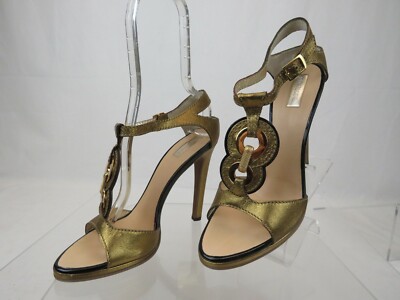 NIB ROBERTO CAVALLI METALLIC BRONZE LEATHER T-STRAP SANDALS PUMPS 37.5 US 7