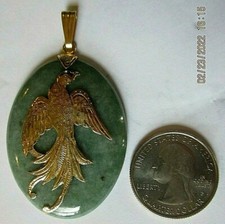 14kt Yellow Gold Bird of Paradise Design on Oval Green Jade Pendant 