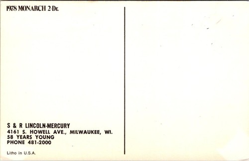Postcard 1978 Monarch 2 Door S&R Lincoln Mercury Milwaukee WI - Picture 2 of 2