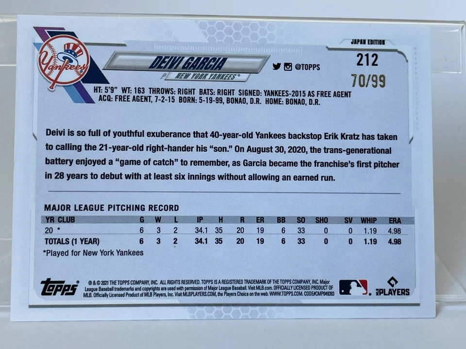 Deivi Garcia 2021 Topps Japan Edition 70/99 #212 Cherry Blossoms RC Yankees - Image 2 of 4