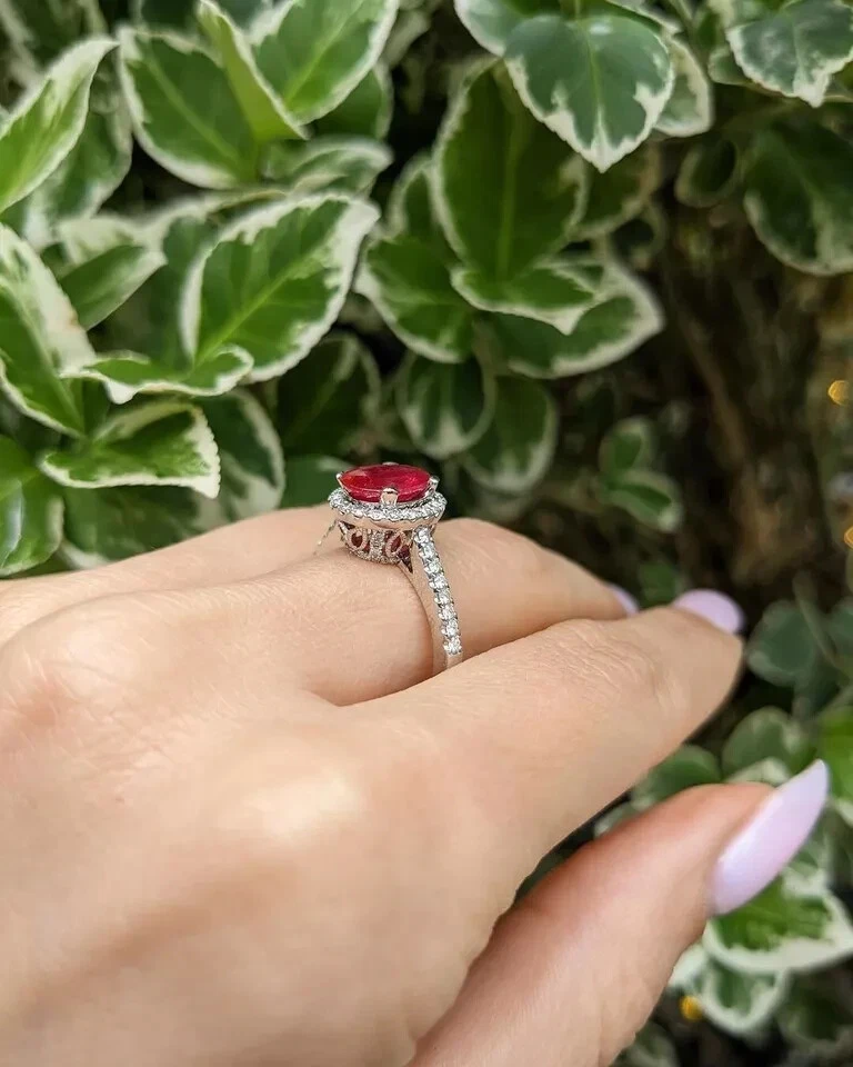 Oval Cut 950 Platinum 2.25Ct Natural Ruby Diamond Bridal Wedding Ring Size 6 7 8 - Image 3 of 4