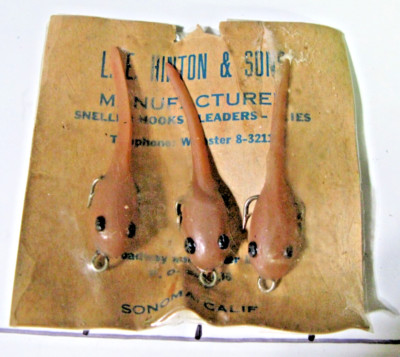 THREE (3) SMALL Vntge Hinton Pollywogs, Tadpoles, Rigged w/molded-in Double Hook