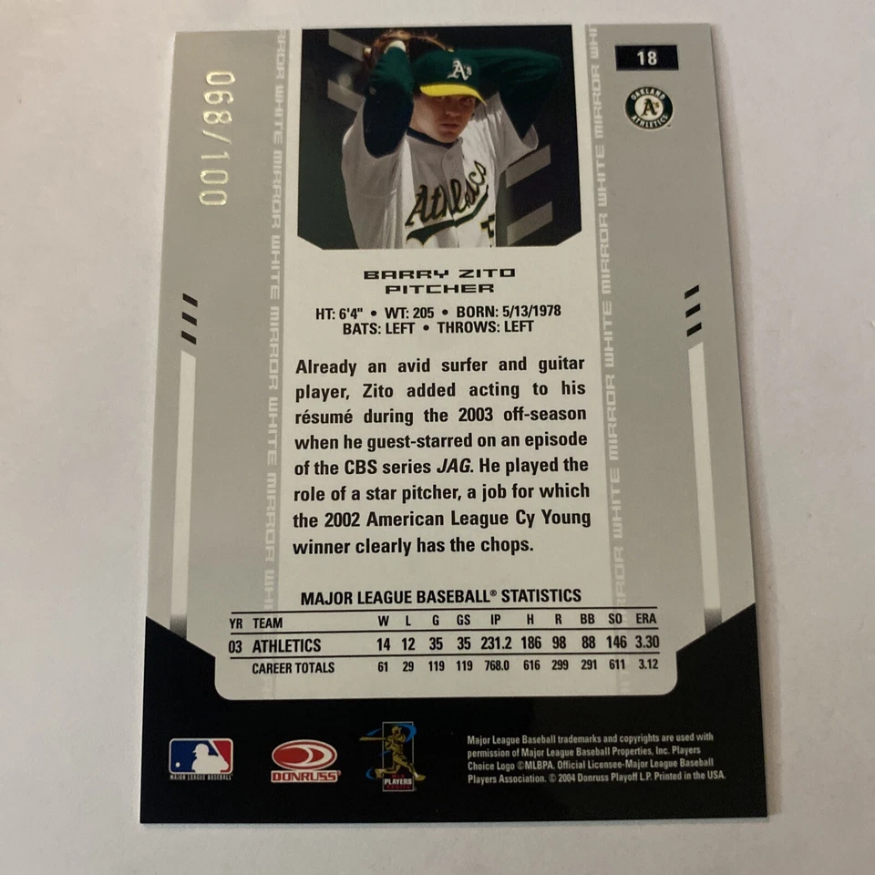 2004 (ATHLETICS) Leaf Certified Materials Mirror White #18 Barry Zito 068/100 - Image 2 of 2