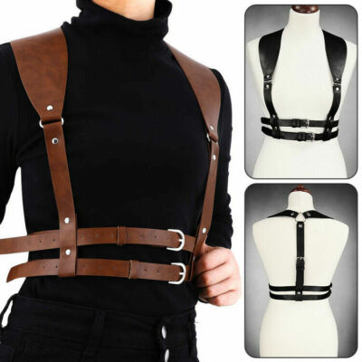 Men Vintage Leather Vest Straps Braces PU Belts Chest Harness Suspender Buckle/