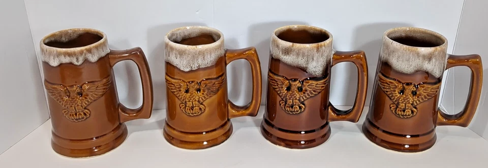 Taza de cerámica esmaltada marrón 4 Stein con águila en relieve 20 OZ barra cueva hombre ¡VIDEO! Foto 4 de 4