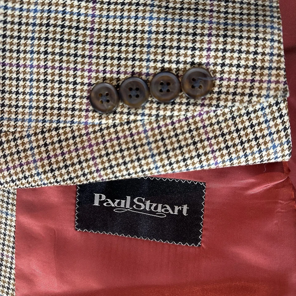 Blazer Paul Stuart lã de seda multicolorido marrom xadrez Houndstooth jaqueta esportiva 46R - Imagem 4 de 4