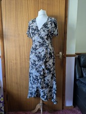 Missguided Black Floral Wrap Midi Dress Flutter Sleeve UK 10 Boho Summer Wedding