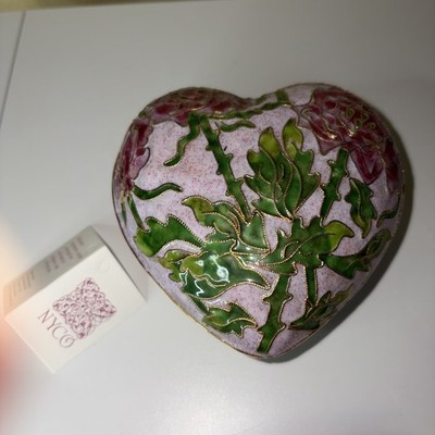 Vintage Cloisonne Trinket Box Heart Shaped Large Rose Flowers