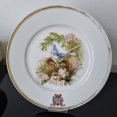 Teller Porzellan bemalt Vögel Nest 19. Jh. Chambon Godefroy Nantes Bird 19thC