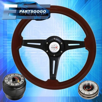 Dark Wood Black Aluminum Center Steering Wheel + Quick Release For 89-05 Eclipse