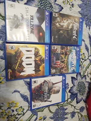 Ps4 5 Game Lot Witcher 3, Farcry 5, Doom, Killzone Shadow Fall, Fallout 4 Clean