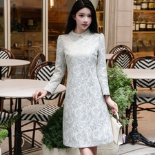 Bead Collar Long Sleeve Printing Short Dress Autumn Women's A-line Party Skirts