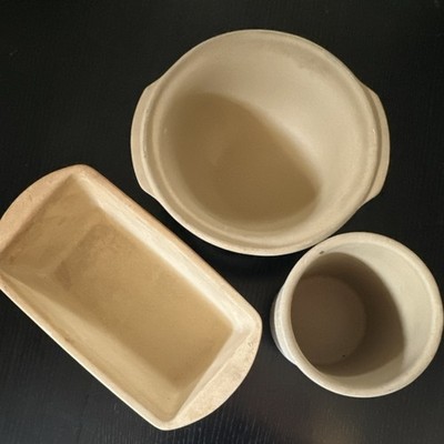 Ceramic Beige Three-Piece Bakeware Set Bowl Loaf Pan Baking Crock
