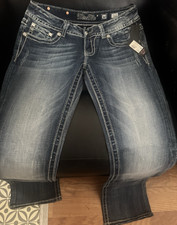 Miss Me Bootcut Jeans Blue Medium Wash Denim Embellished Button 5-Pocket Women