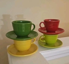 Homer Laughlin Fiesta Ware Set Of 4 Tea Cups & 4 Saucers Red Lemon Green Yellow