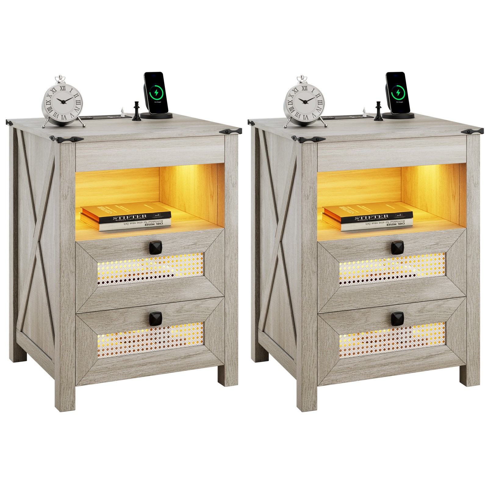 Gurexl LED Nightstand Set 2 with Gun Drawer, Bedside Table with Charging Station