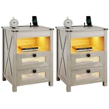 Nightstand Set 2 with Gun Drawer,Bedside Table with Charging Station & LED Light