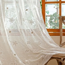 2 Panels Linen Floral Leaf Embroidered Semi Sheer Curtain Farmhouse Voile Cur...