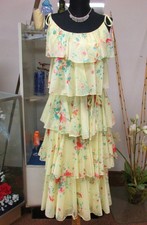 Vintage Yellow Floral Print Sun Dress Spaghetti Straps 5-Tiered MADE USA SZ 9/10