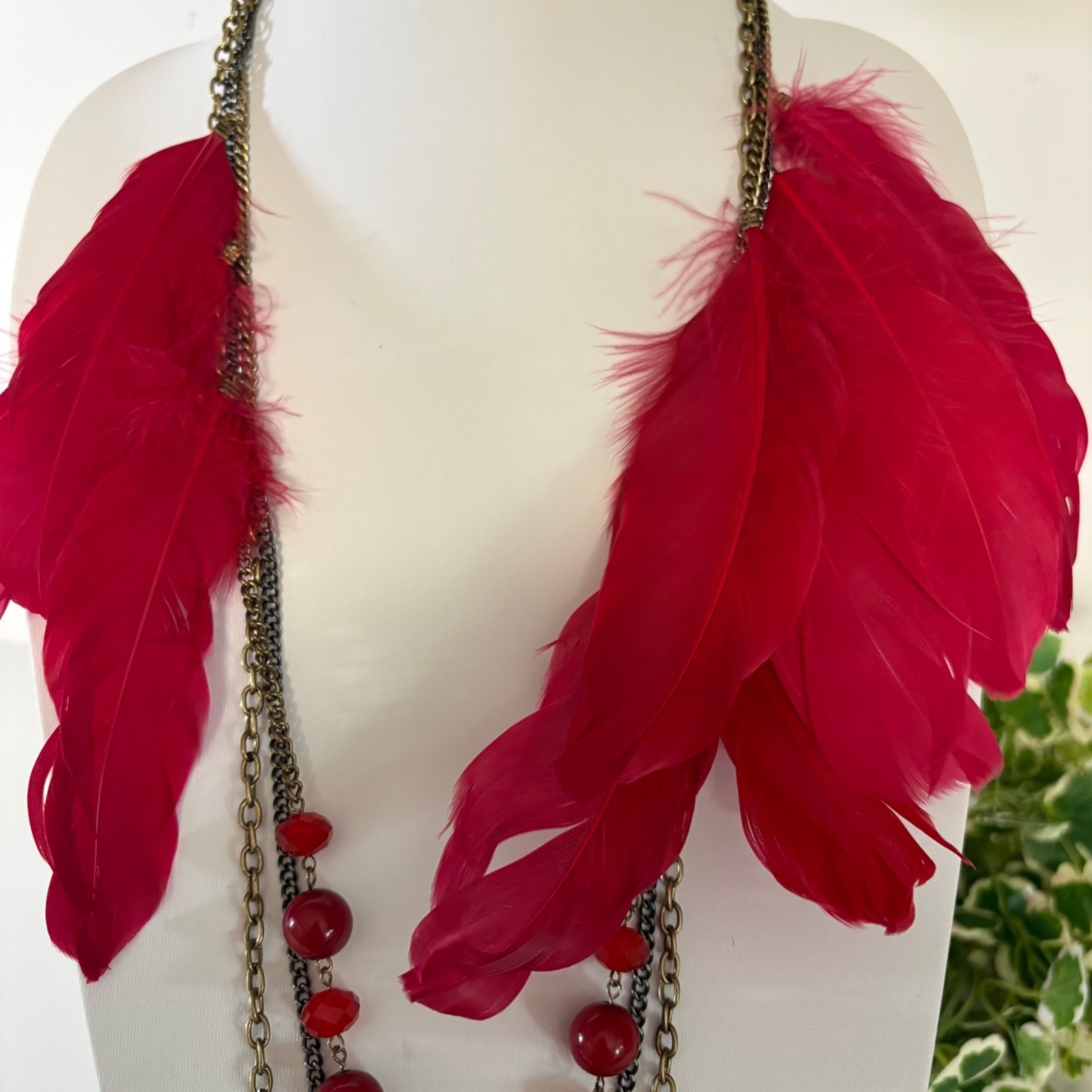 Multilayer Red Feather and Beaded Statement Neckl… - image 3