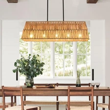 Hand Woven Rattan Farmhouse Chandeliers for Dining Room Kitchen Island, 32-In...