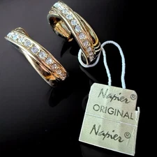 Signed Napier Hoop Earrings Clip On Gold Tone Rhinestone 1960s NOS Vintage MOD