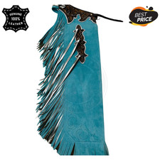 Hand Tooled Turquoise Suede Rodeo Chaps with Matching Fringe   Custom Cowboy