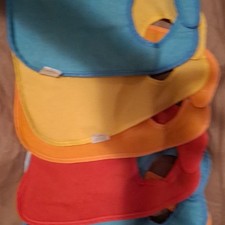 Lot of 6 Solid Multicolor Drool Baby Bibs, Hook  Loop, Cotton/Poly/PU