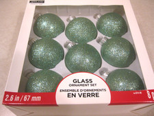 Ashland 2.6 Inch 8 Pc Glass Ball Christmas Ornament Set Green w/Glitter NIB