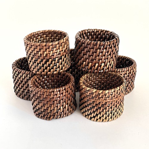 Set of 7 Woven Rattan Wicker Napkin Rings Brown Rustic Coastal Farmhouse Boho