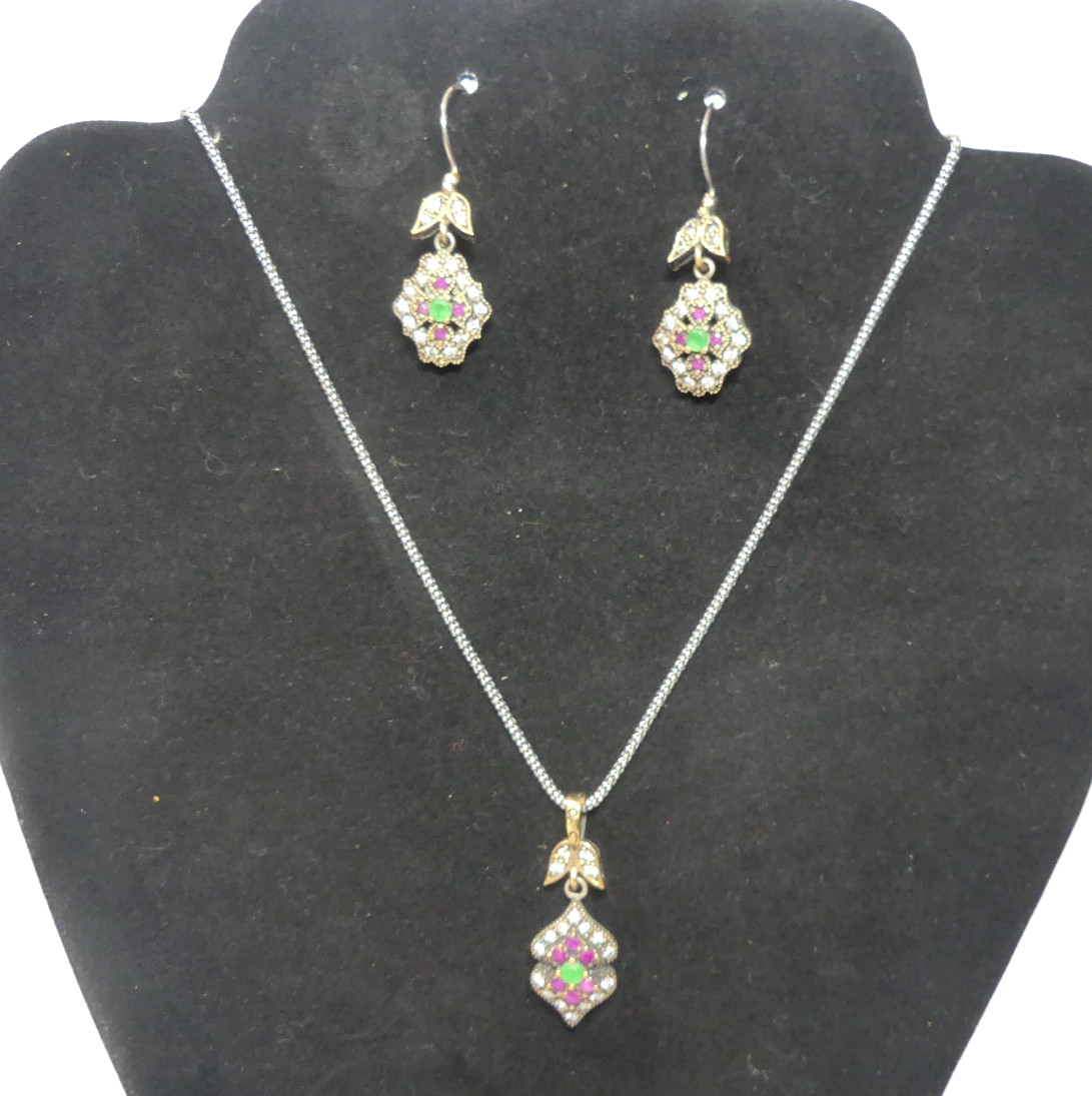 Rough Cut Emerald/ Ruby 925 Silver Necklace Earri… - image 17