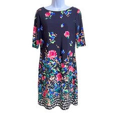 Eliza J Floral Feminine Jersey Dress 6 Blue Stretch Wedding Garden Party Church