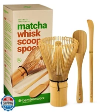 BambooWorx Matcha Whisk Set - (Chasen), Traditional Scoop (Chashaku), Tea Spo