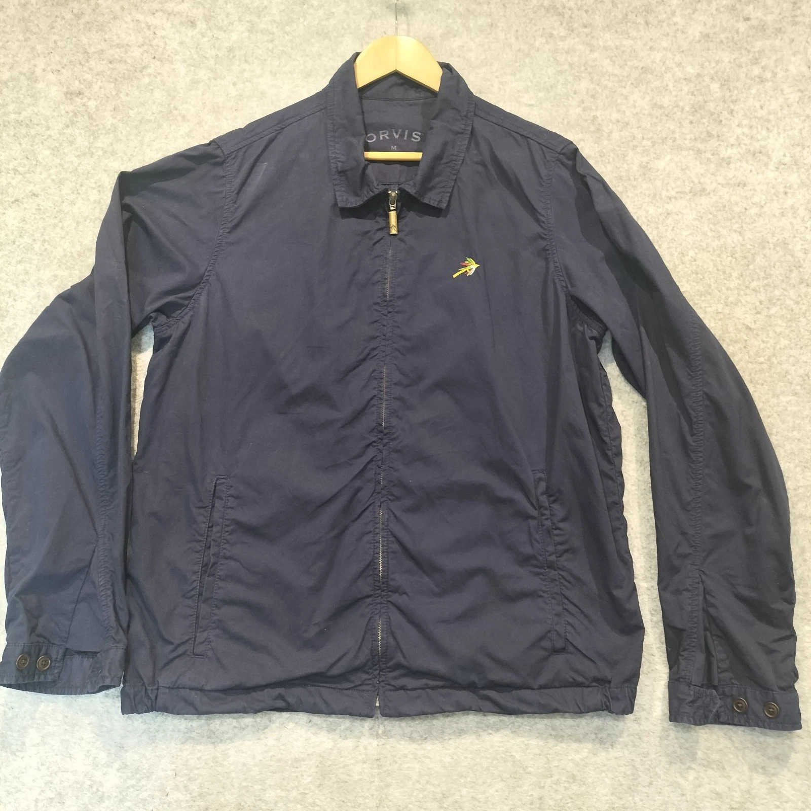 Orvis Harrington Jacket Mens Size M Navy Blue Full Zip Fly Fishing Logo Cotton