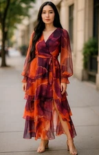 Anthropologie Hutch Bardot Maxi Wrap Dress - Rust Blot Floral, Small   MSRP $398